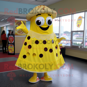Yellow Pizza mascot costume character dressed with a A-Line Skirt and Foot pads
