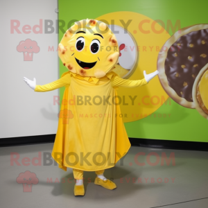 Yellow Pizza mascot costume character dressed with a A-Line Skirt and Foot pads