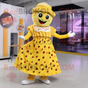 Yellow Pizza mascot costume character dressed with a A-Line Skirt and Foot pads