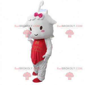 Lamb mascot, small white sheep with a red outfit -