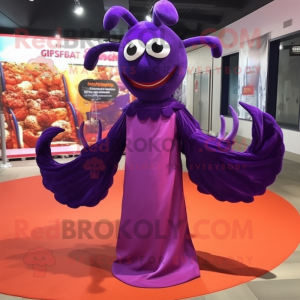 Purple Lobster Bisque mascot costume character dressed with a Evening Gown and Shoe laces