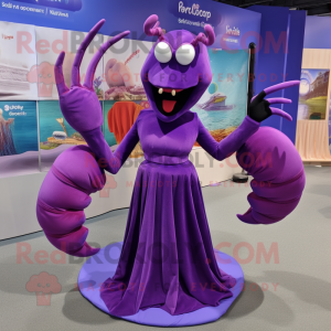 Purple Lobster Bisque mascot costume character dressed with a Evening Gown and Shoe laces