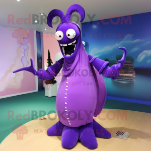 Purple Lobster Bisque mascot costume character dressed with a Evening Gown and Shoe laces