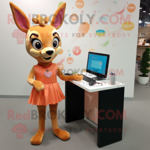 Peach Roe Deer mascot costume character dressed with a Pencil Skirt and Keychains