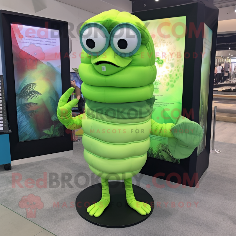 Lime Green Trilobite mascot costume character dressed with a Long Sleeve Tee and Eyeglasses
