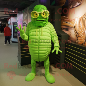 Lime Green Trilobite mascot costume character dressed with a Long Sleeve Tee and Eyeglasses