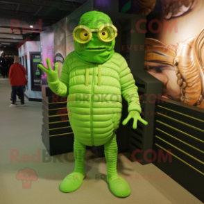 Lime Green Trilobite mascot costume character dressed with a Long Sleeve Tee and Eyeglasses