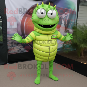 Lime Green Trilobite mascot costume character dressed with a Long Sleeve Tee and Eyeglasses