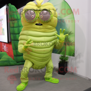 Lime Green Trilobite mascot costume character dressed with a Long Sleeve Tee and Eyeglasses