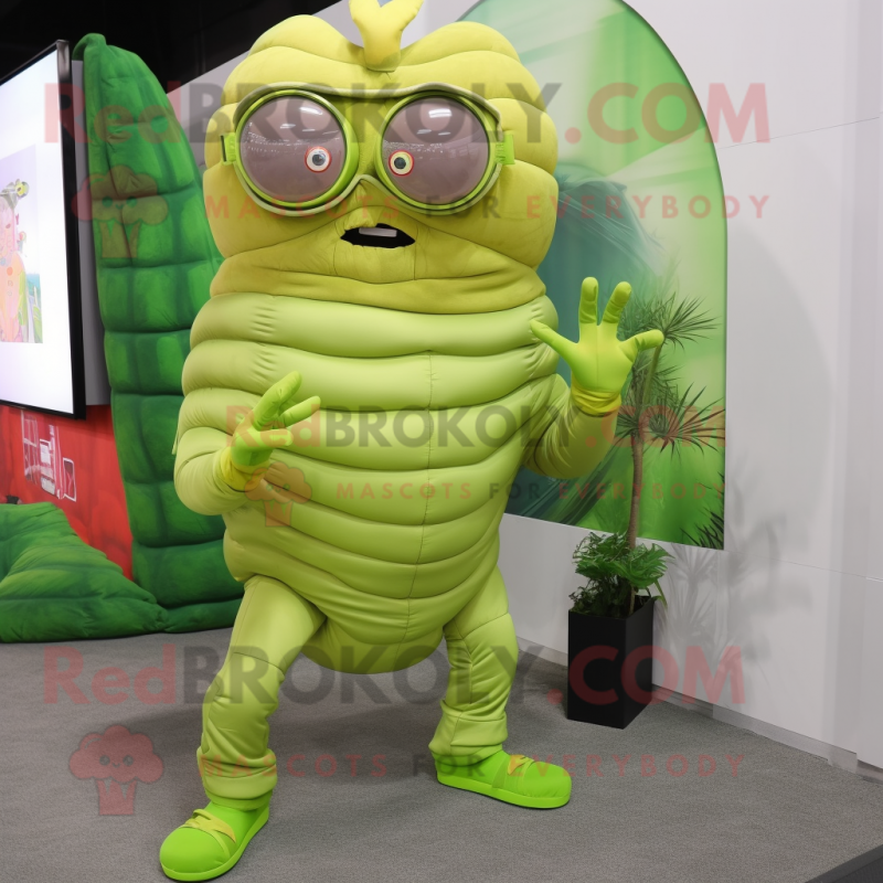 Lime Green Trilobite mascot costume character dressed with a Long Sleeve Tee and Eyeglasses Lime Green Trilobite mascot costume character dressed with a Long Sleeve Tee and Eyeglasses