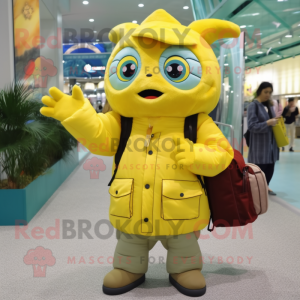 Lemon Yellow Tuna mascot costume character dressed with a Parka and Handbags