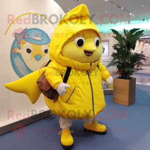 Lemon Yellow Tuna mascot costume character dressed with a Parka and Handbags