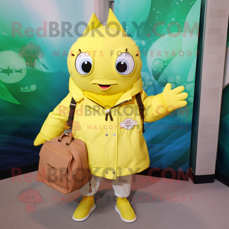 Lemon Yellow Tuna mascot costume character dressed with a Parka and Handbags