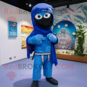 Blue Ninja mascot costume character dressed with a Parka and Shawl pins