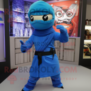 Blue Ninja mascot costume character dressed with a Parka and Shawl pins
