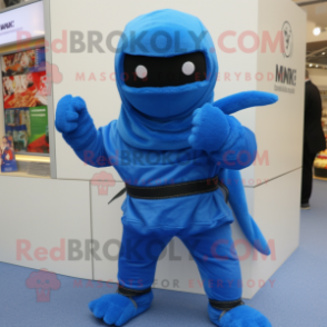 Blue Ninja mascot costume character dressed with a Parka and Shawl pins
