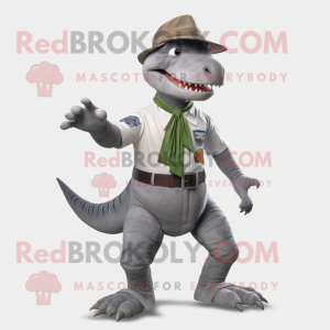 Gray Tyrannosaurus mascot costume character dressed with a Capri Pants and Berets