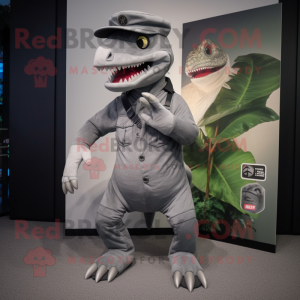 Gray Tyrannosaurus mascot costume character dressed with a Capri Pants and Berets