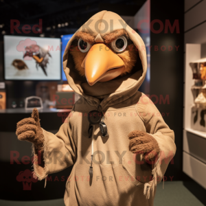 Tan Crow mascot costume character dressed with a Hoodie and Wraps