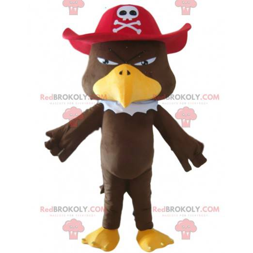 Mascote águia com chapéu de pirata e fantasia de pássaro -