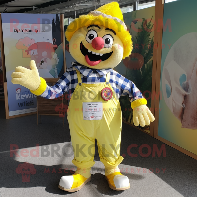 Lemon Yellow Clown mascot costume character dressed with a Denim Shorts and Pocket squares