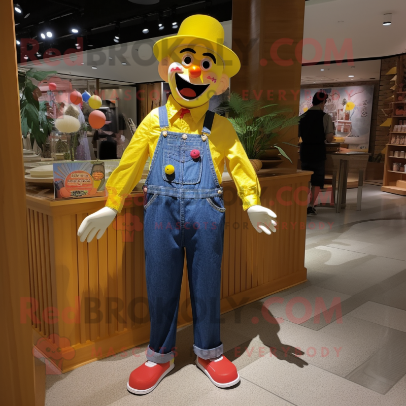 Lemon Yellow Clown mascot costume character dressed with a Denim Shorts and Pocket squares