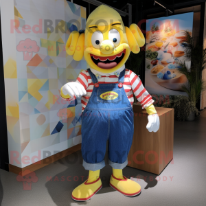 Lemon Yellow Clown mascot costume character dressed with a Denim Shorts and Pocket squares