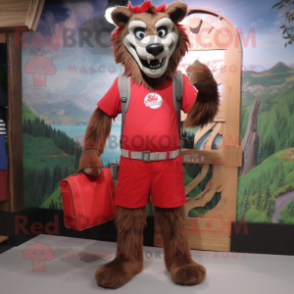 Red Werewolf mascot costume character dressed with a Cargo Shorts and Tote bags