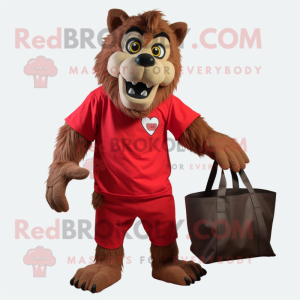 Red Werewolf mascot costume character dressed with a Cargo Shorts and Tote bags