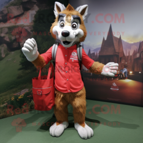 Red Werewolf mascot costume character dressed with a Cargo Shorts and Tote bags