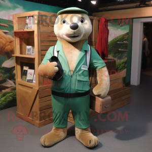 Forest Green Sea Lion mascot costume character dressed with a Overalls and Wallets