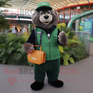 Forest Green Sea Lion mascot costume character dressed with a Overalls and Wallets