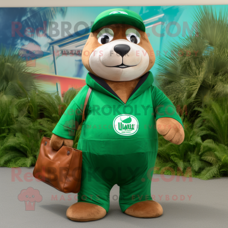 Forest Green Sea Lion mascot costume character dressed with a Overalls and Wallets Forest Green Sea Lion mascot costume character dressed with a Overalls and Wallets
