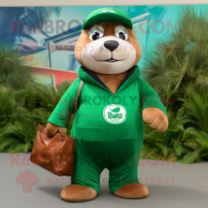 Forest Green Sea Lion mascot costume character dressed with a Overalls and Wallets