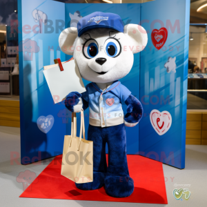 Navy Love Letter mascot costume character dressed with a Bootcut Jeans and Tote bags