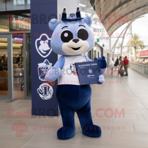 Navy Love Letter mascot costume character dressed with a Bootcut Jeans and Tote bags