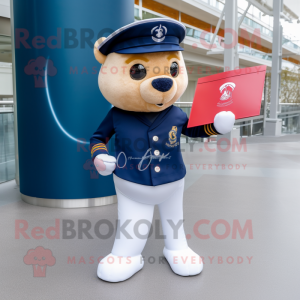 Navy Love Letter mascot costume character dressed with a Bootcut Jeans and Tote bags