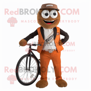 Rust Unicyclist mascot costume character dressed with a Blazer and Belts