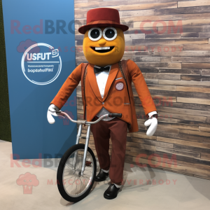 Rust Unicyclist mascot costume character dressed with a Blazer and Belts