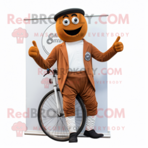 Rust Unicyclist mascot costume character dressed with a Blazer and Belts