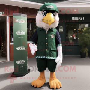 Forest Green Haast'S Eagle mascot costume character dressed with a Henley Tee and Berets