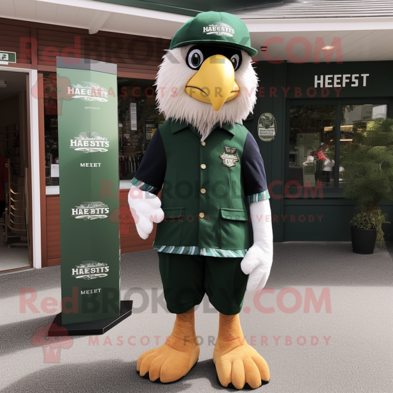 Forest Green Haast'S Eagle mascot costume character dressed with a Henley Tee and Berets