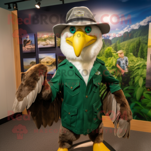 Forest Green Haast'S Eagle mascot costume character dressed with a Henley Tee and Berets