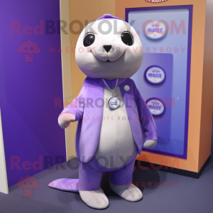 Lavender Sea Lion mascot costume character dressed with a Bodysuit and Earrings