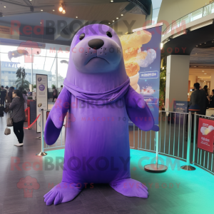 Lavender Sea Lion mascot costume character dressed with a Bodysuit and Earrings