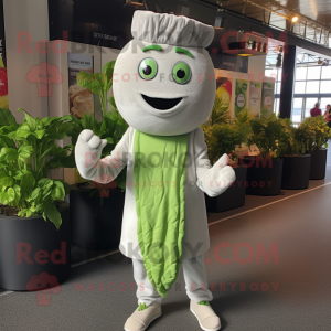 Silver Celery mascot costume character dressed with a Playsuit and Ties