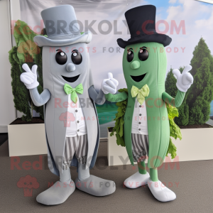 Silver Celery mascot costume character dressed with a Playsuit and Ties