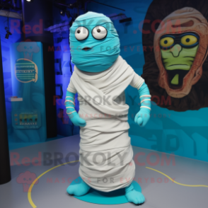 Cyan Mummy mascot costume character dressed with a Wrap Skirt and Keychains