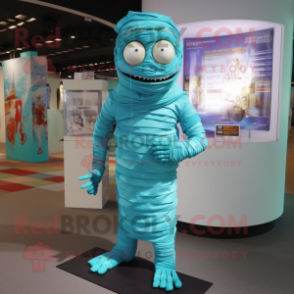 Cyan Mummy mascot costume character dressed with a Wrap Skirt and Keychains