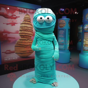 Cyan Mummy mascot costume character dressed with a Wrap Skirt and Keychains